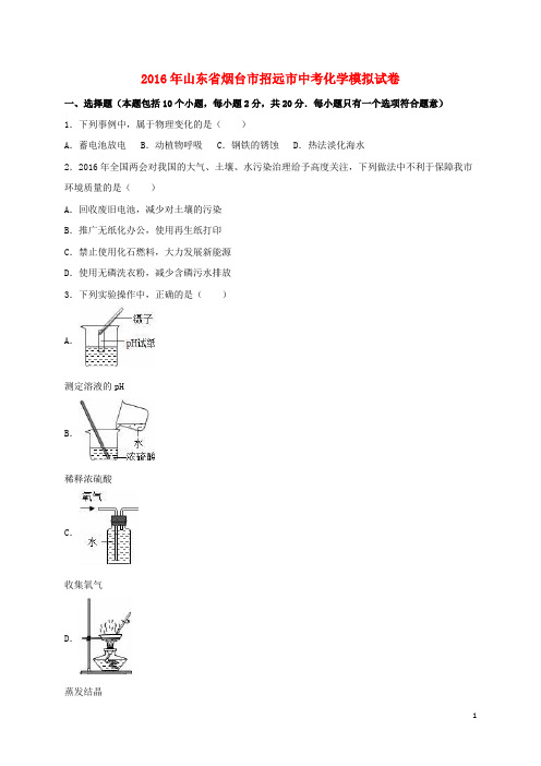 山东省烟台市招远市中考化学模拟试卷(含解析)