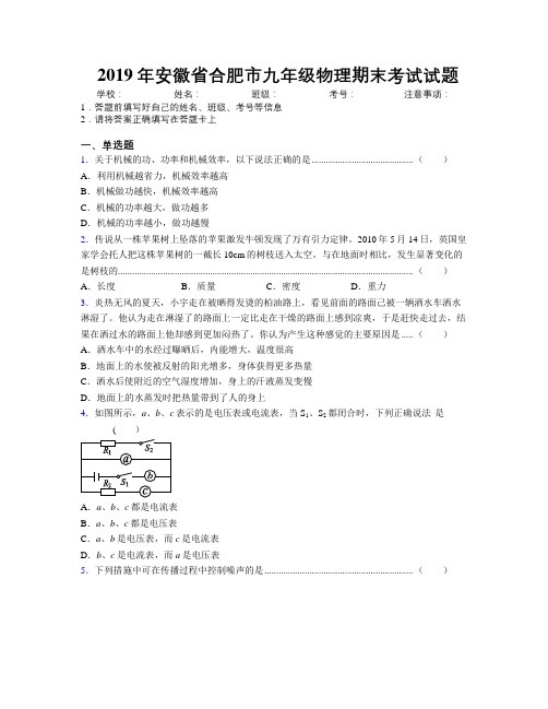 最新2019年安徽省合肥市九年级物理期末考试试题及解析