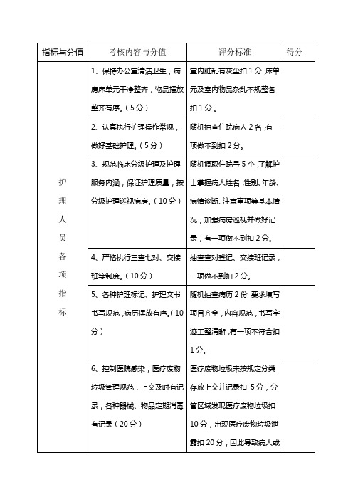 护理人员各项评分指标与分值