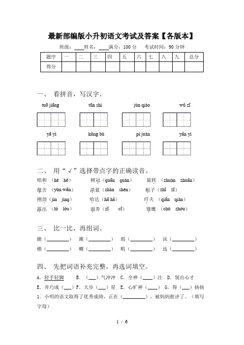 最新部编版小升初语文考试及答案【各版本】