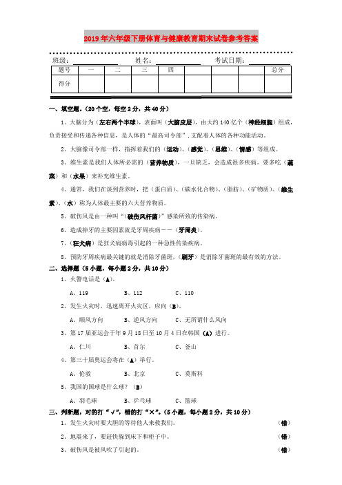 2019年六年级下册体育与健康教育期末试卷参考答案