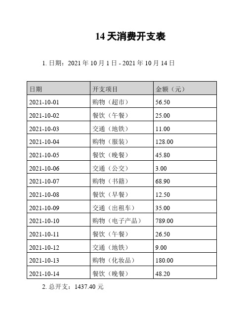 14天消费开支表