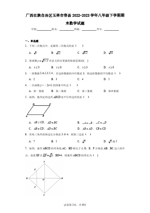 广西壮族自治区玉林市容县2022-2023学年八年级下学期期末数学试题(含答案解析)