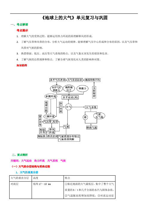 人教版高中地理必修一 第12讲《地球上的大气》知识点导学及答案