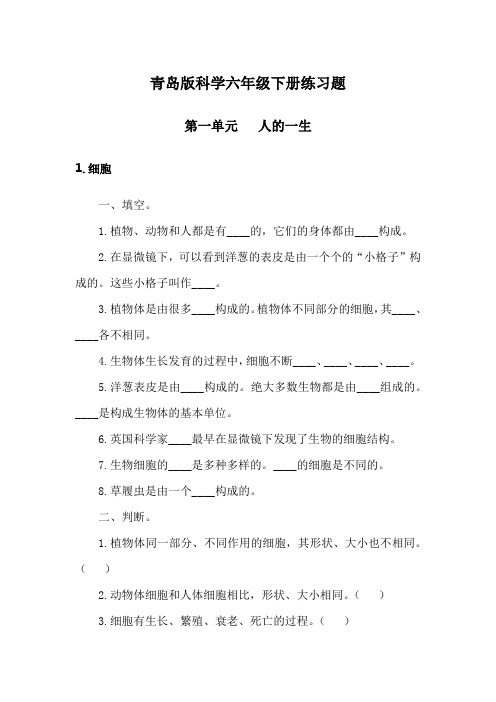 2022年春青岛版科学六年级下册练习题