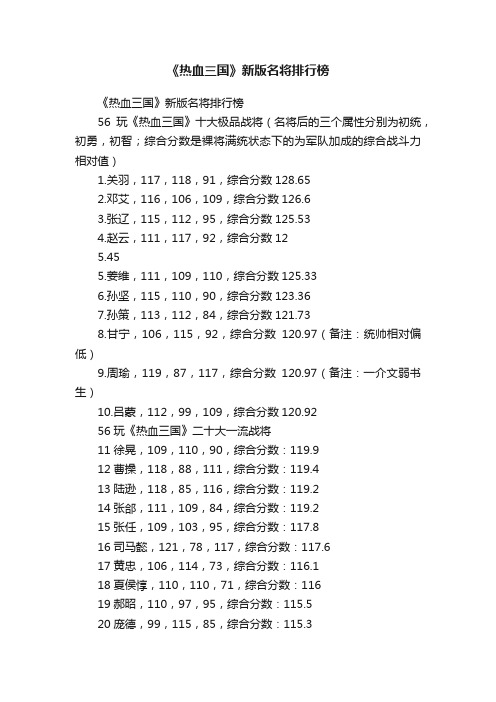 《热血三国》新版名将排行榜