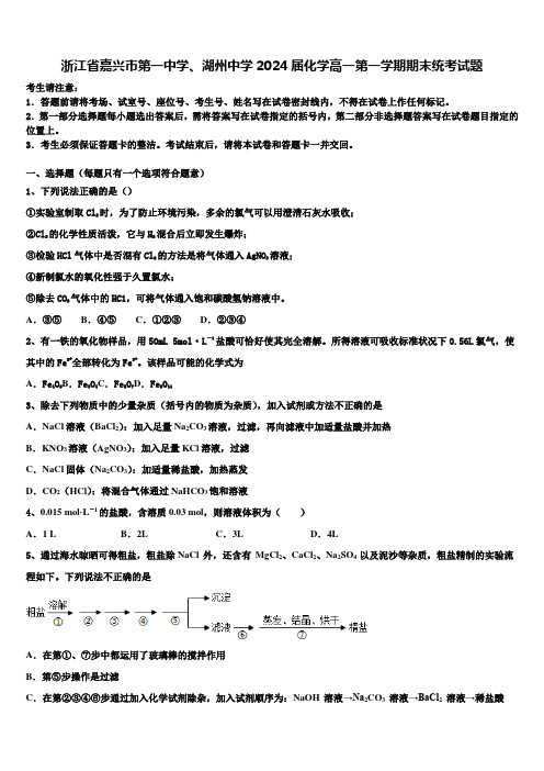 浙江省嘉兴市第一中学、湖州中学2024届化学高一第一学期期末统考试题含解析