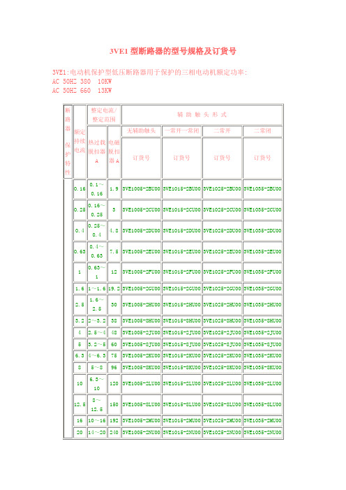 3VE1型断路器的型号规格及订货号