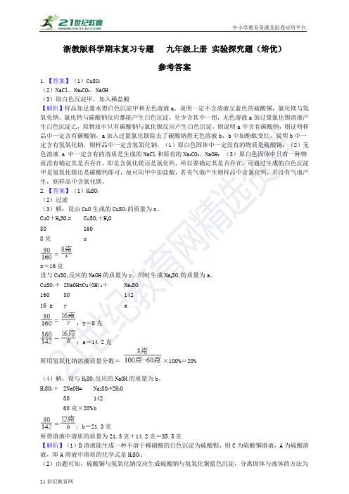 浙教版科学期末专题复习  九年级上册  实验探究题（培优）