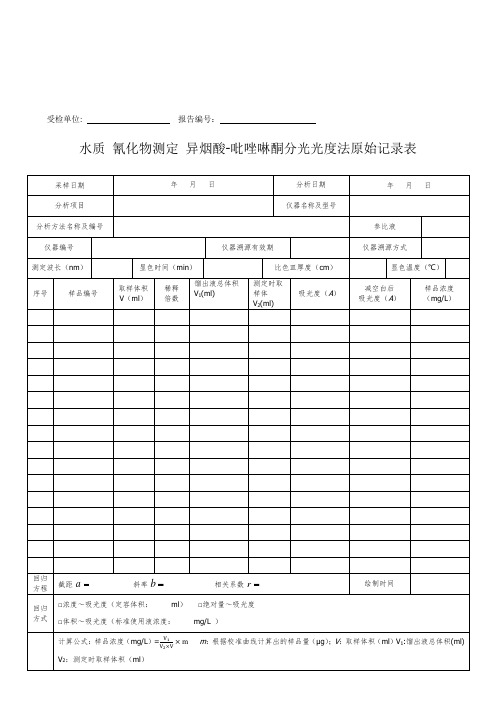 水质 氰化物测定 异烟酸-吡唑啉酮分光光度法原始记录