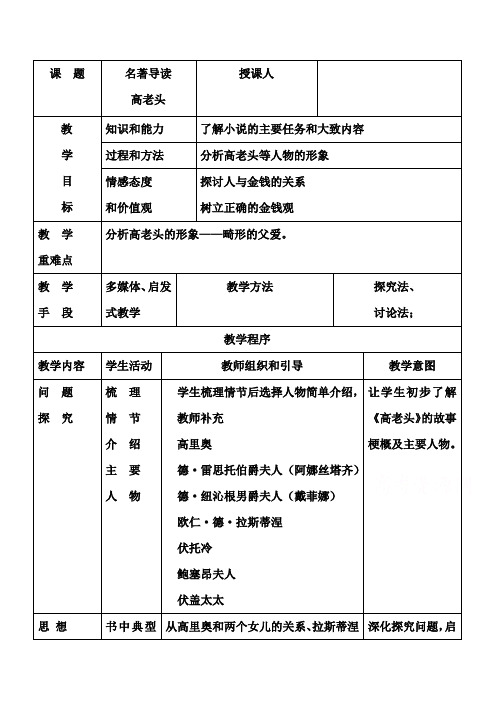 高一语文人教版必修3教学教案-名著导读-《高老头》-含答案