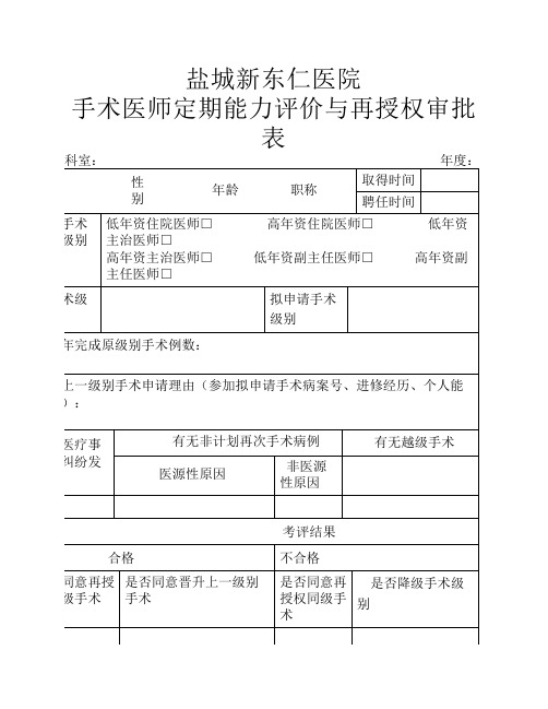 手术医师定期能力评价与再授权审批表