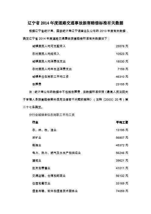 辽宁省2014年度道路交通事故损害赔偿标准有关数据