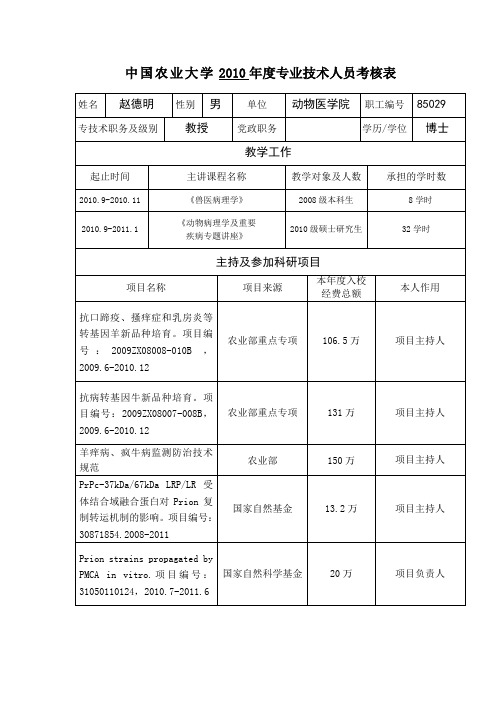 中国农业大学2010年度专业技术人员考核表