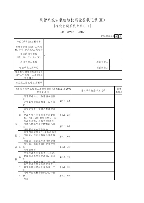 风管系统安装检验批质量验收记录(Ⅲ) [净化空调系统专页(一)]