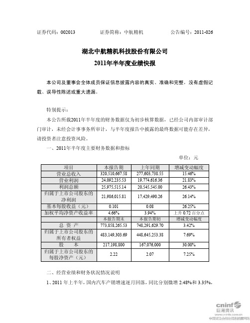 中航精机：2011年半年度业绩快报
 2011-07-16