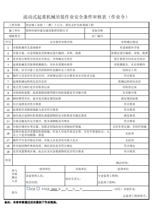 流动式起重机械吊装作业安全条件审核表 作业令 