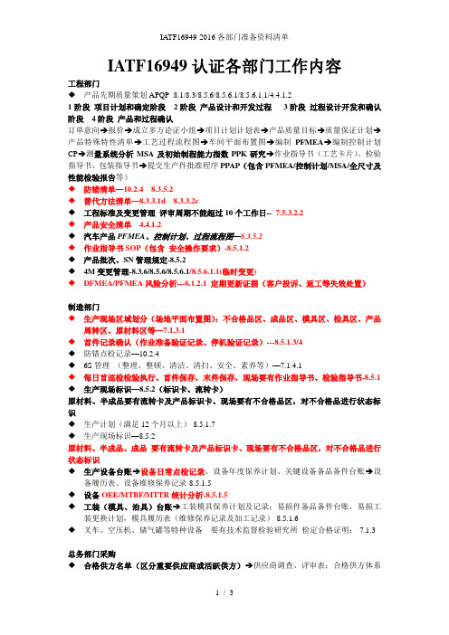 IATF16949-各部门准备资料清单