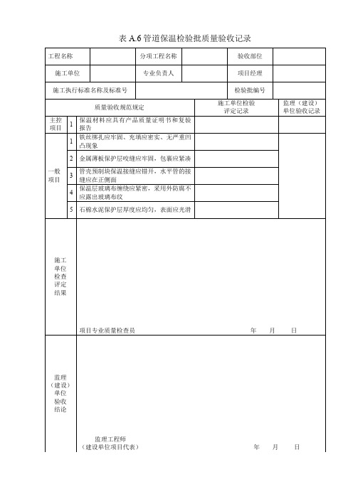 表A.6管道保温检验批质量验收记录