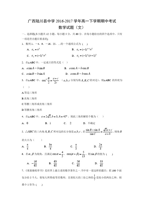 数学---广西陆川县中学2016-2017学年高一下学期期中考试试题(文)