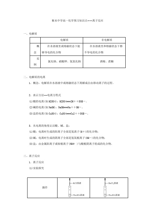 03 衡水中学高一化学预习知识点——离子反应