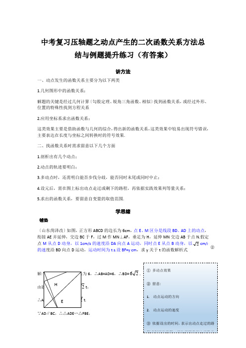 中考复习压轴题之动点产生的二次函数关系方法总结与例题提升练习(有答案)