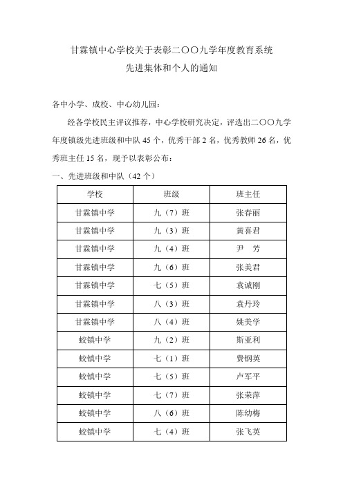 甘霖镇中心学校关于表彰二〇〇九学年度教育系统先进集体和个人的通知