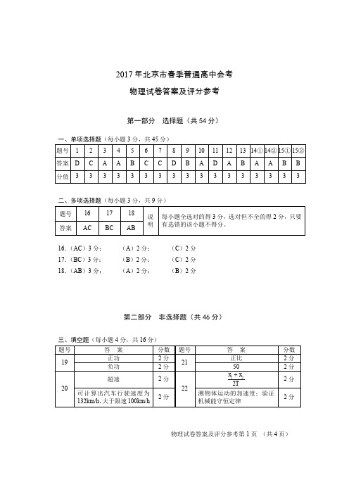 2017年北京市春季高中物理会考参考答案