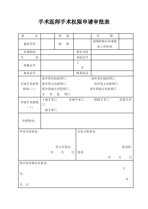 手术权限申请审批表及手术资质授权书【范本模板】