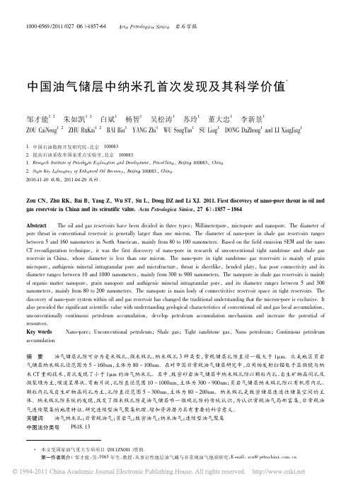 中国油气储层中纳米孔首次发现及其科学价值_邹才能