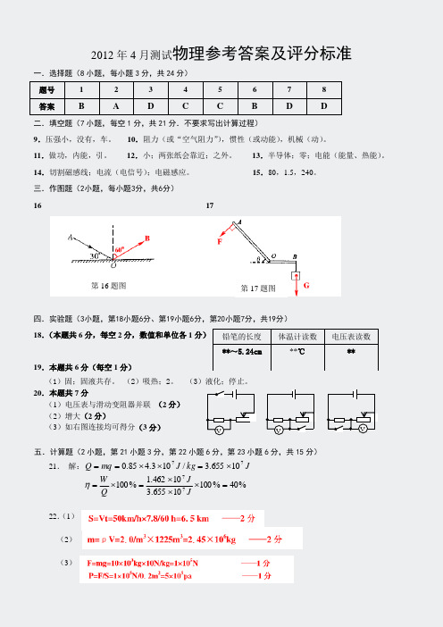 2012年禅城区中考科研测试4月物理试题答案