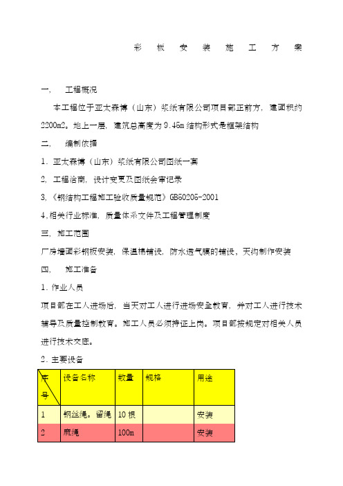 钢结构屋面彩板安装施工方案