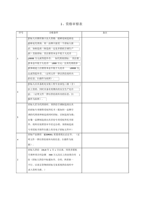 资格审查表评标索引