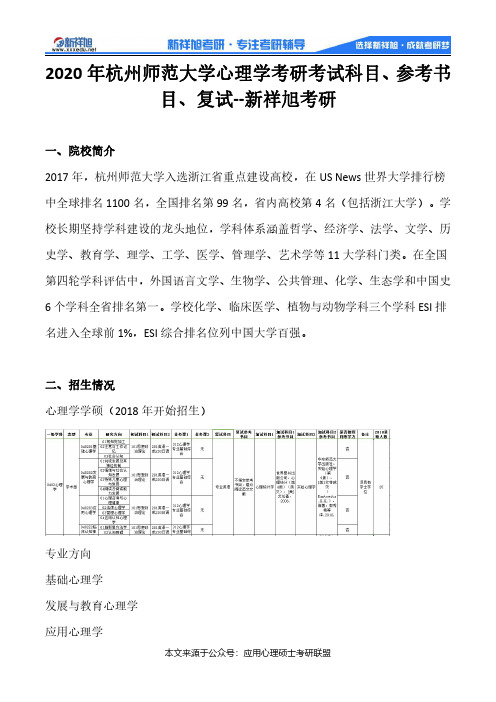 2020年杭州师范大学心理学考研考试科目、参考书目、复试--新祥旭考研