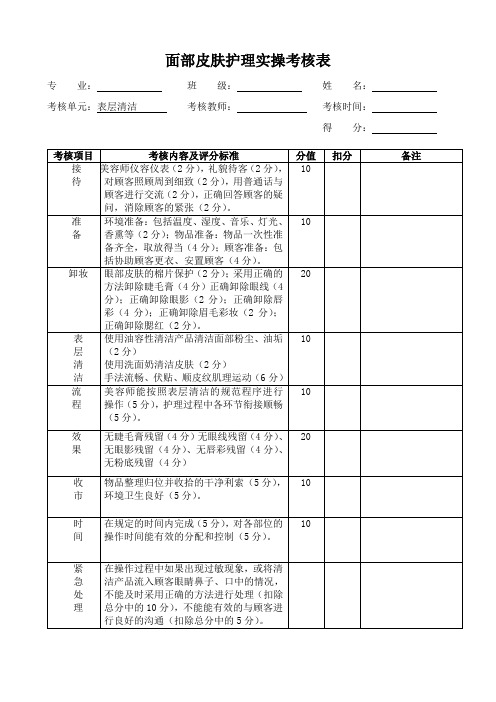 美容专业考核表