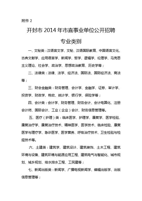 开封市2014年市直事业单位公开招聘专业类别