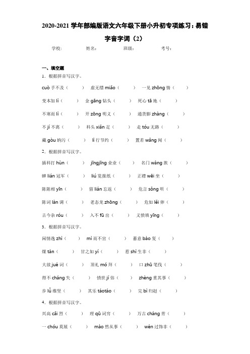 2020-2021学年部编版语文六年级下册小升初专项练习：易错字音字词(2)