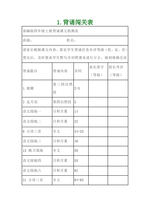 部编版四年级语文上册课文背诵闯关表及必背内容