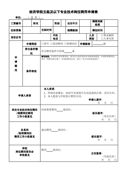 经济学院五级及以下专业技术岗位聘用申请表