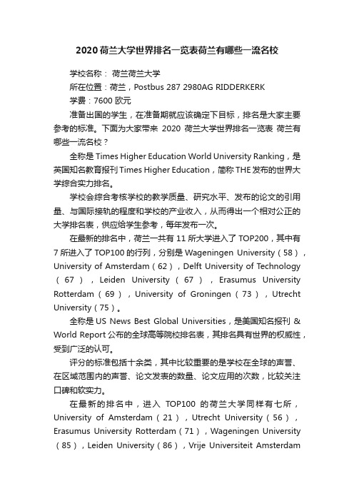 2020荷兰大学世界排名一览表荷兰有哪些一流名校