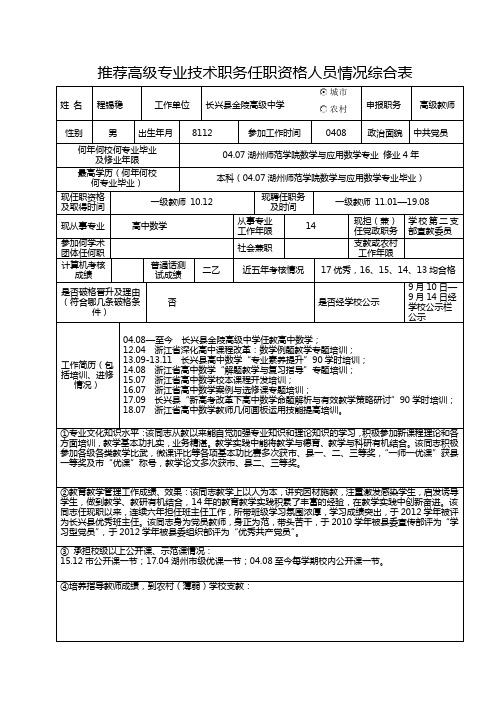 推荐高级专业技术职务任职资格人员情况综合表