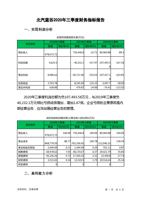 北汽蓝谷2020年三季度财务指标报告