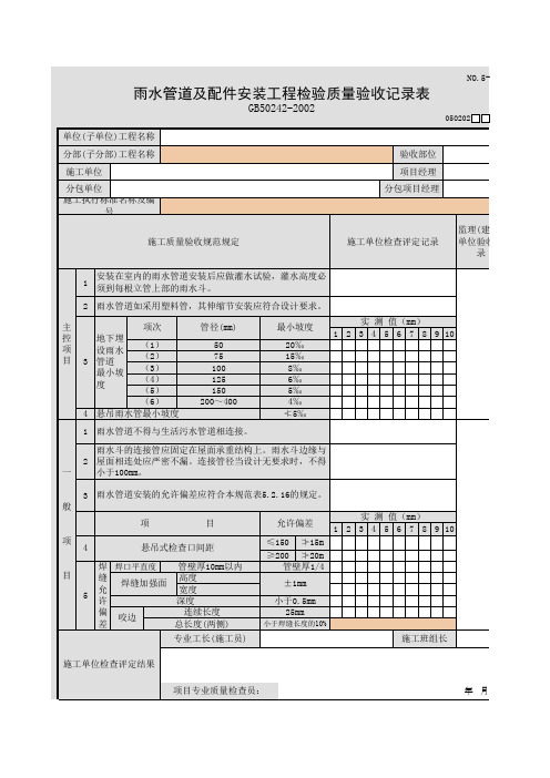 雨水管道及配件安装工程检验质量验收记录表