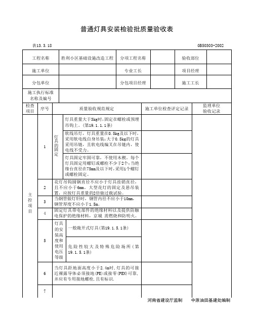 普通灯具安装检验批质量验收表