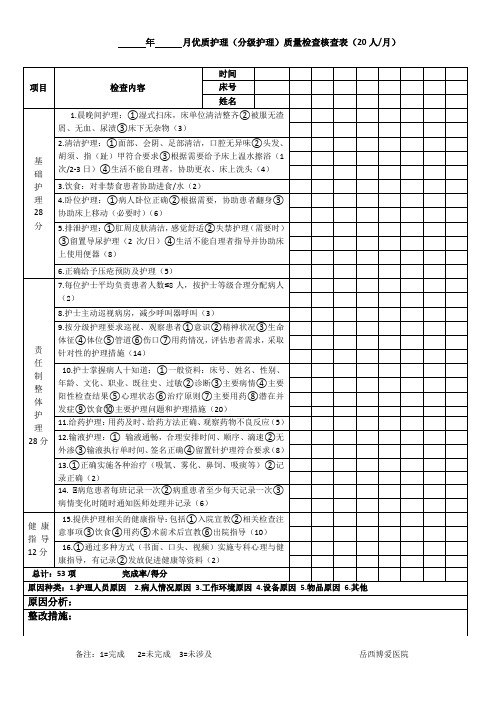 优质护理(分级护理)质量检查核查表