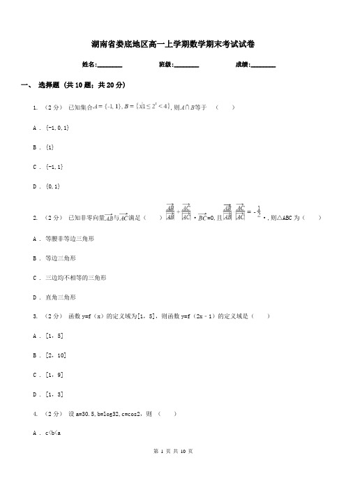 湖南省娄底地区高一上学期数学期末考试试卷