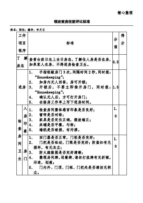 酒店客房领班查房技能评比标准