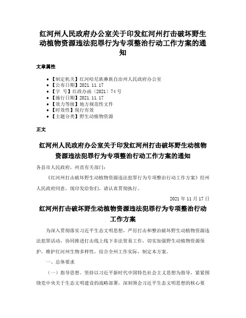 红河州人民政府办公室关于印发红河州打击破坏野生动植物资源违法犯罪行为专项整治行动工作方案的通知