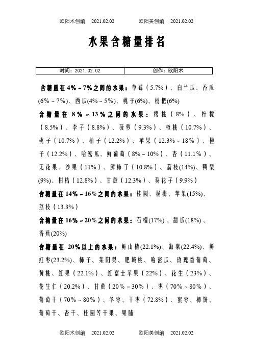 各类食物含糖量排行之欧阳术创编