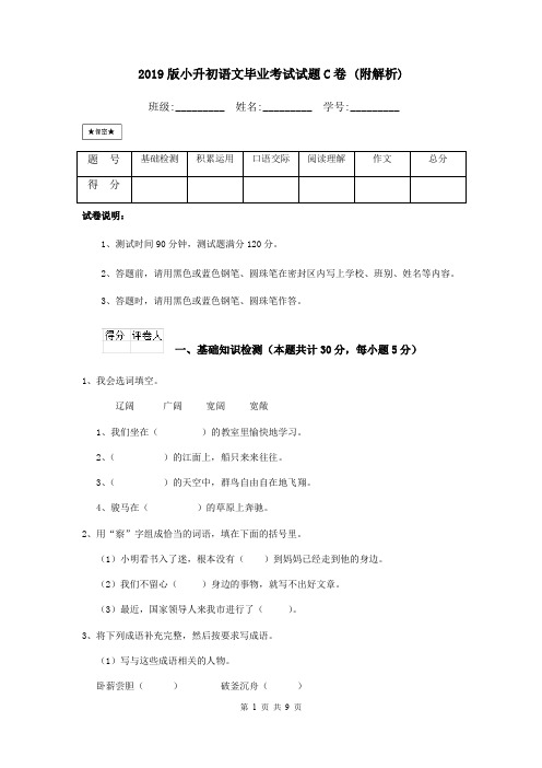 2019版小升初语文毕业考试试题C卷 (附解析)